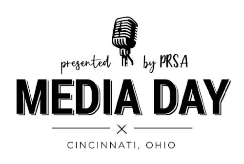 Logo of Cincinnati PRSA Media Day with a black and white drawing of a microphone. 